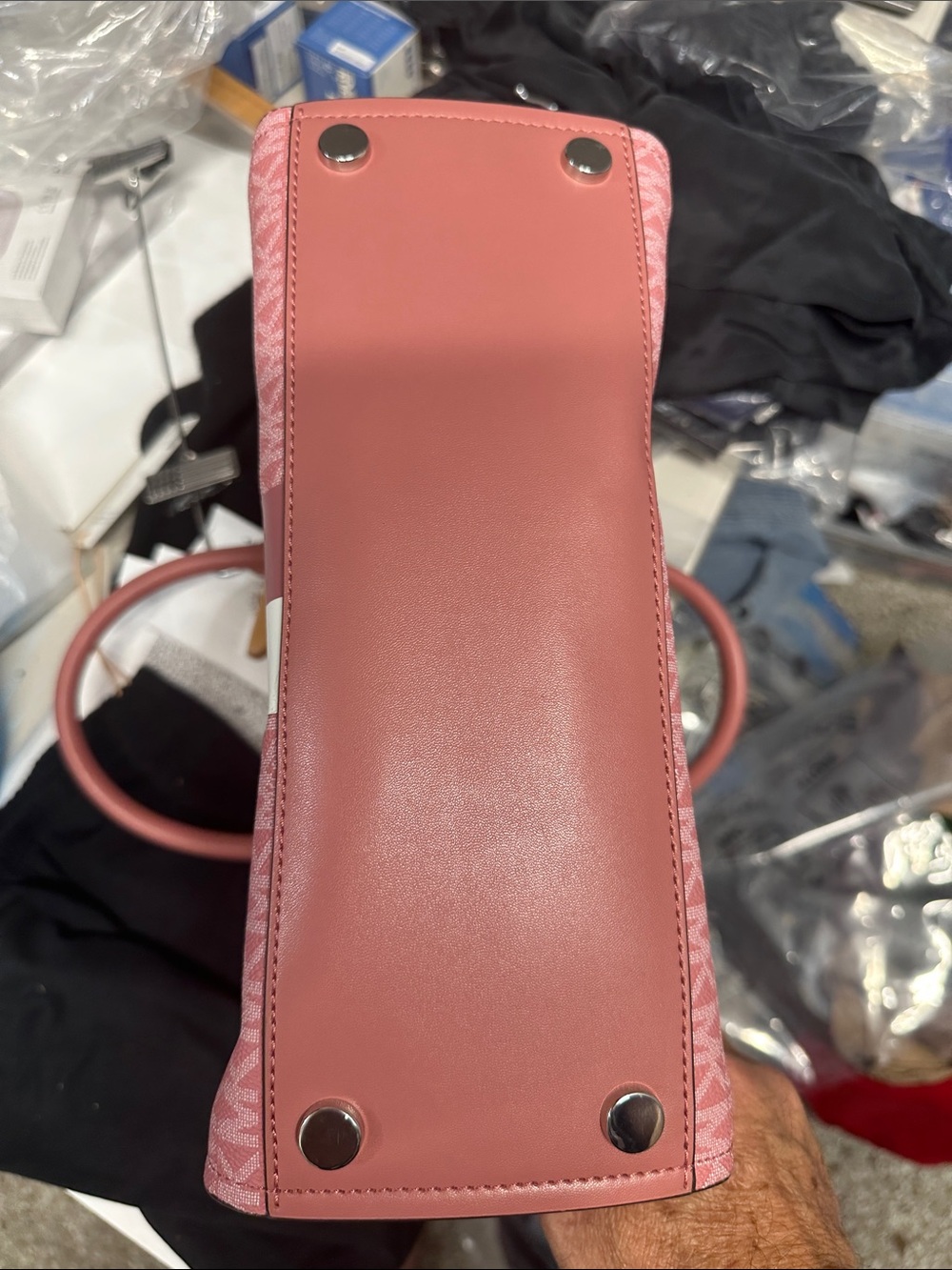 Michael Kors Rose Pink and White Stripe Logo Satchel - Picture 6 of 6